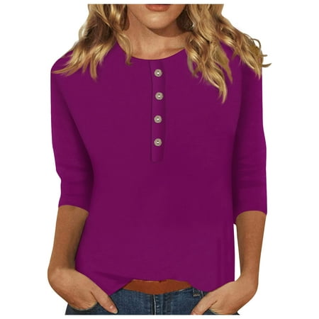 

RPVATI Womens Blouses 3/4 Sleeves Plus Size Elbow Length Henley Tops Boyfriend Button UP Shirts Western Crew Neck Solid Color T Shirts Maternity Ladies Clothes Fall Outfits Tunic Dark Purple 3XL