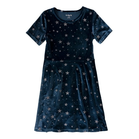 KIDPIK Girls Short Sleeve Glitter Star Velour Knit Dress Size: 12 Months - XL (14)