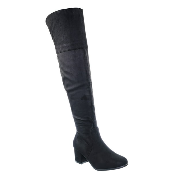 Axel1N by 2, Over Knee Foldable Boots - Women Block Heel Faux Suede Thigh High Shoe