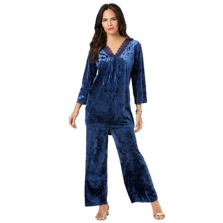 Roaman s Women s Plus Size Lace-Trimmed High-Low Velour Top