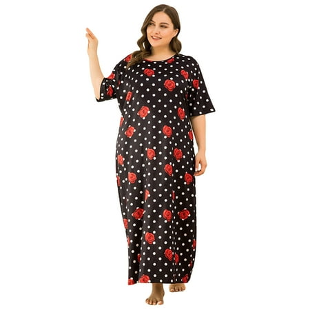 Women Dots and Floral Pattern Short-sleeved Loose Long Black Nightdress Nightgown Pajamas 
Women Dots and Floral Pattern Short-sleeved Loose Long Black Nightdress Nightgown Pajamas