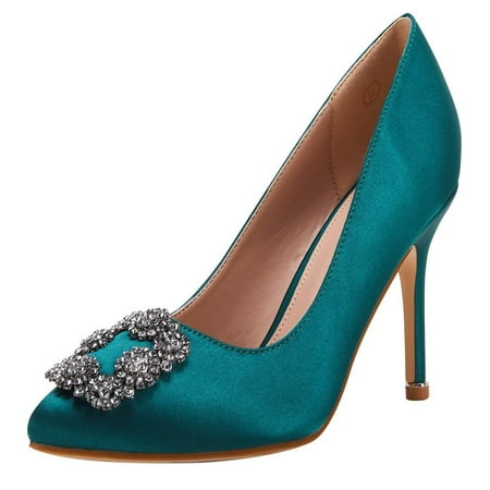 rrhss Women s Stiletto High Heel Pumps Classic Party Wedding Pointed Toe Pump Shoes with Jewel Buckle