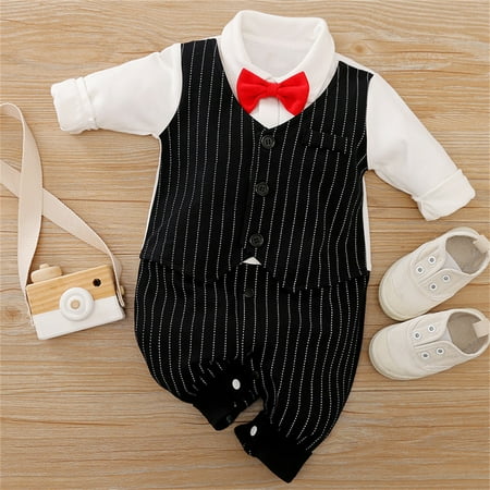 Baby Boys Infant Gentleman Outfit Suits Toddler Romper One-piece Romper & Detachable Bowtie (0-18 Months)