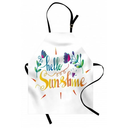 

Hello Sunshine Apron Cursive Text Design with Bloom Motifs and Heart Doodle Spring Illustration Unisex Kitchen Bib with Adjustable Neck for Cooking Gardening Adult Size Multicolor by Ambesonne