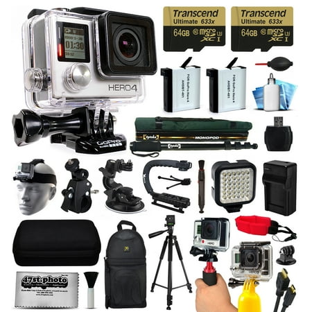 GoPro HERO4 Silver Edition 4K Action Camera with 2x Micro SD Cards, 2x Batteries, Charger, Card Reader, Backpack, Helmet Strap, Action Handle, Car Mount, Selfie Stick, Tripod, Case, HDMI Cable + More