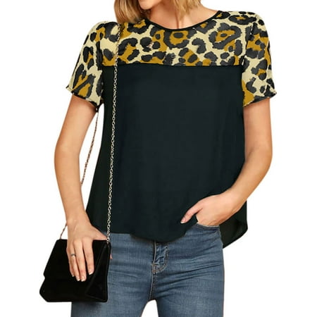 Women Leopard Printed Stitching Short Sleeve Round Neck Colorblock Top