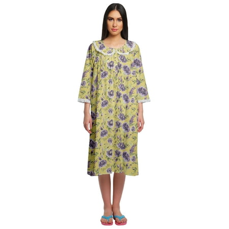 Moomaya Button Placket Knee Long Nightdress For Women Printed Nightwear