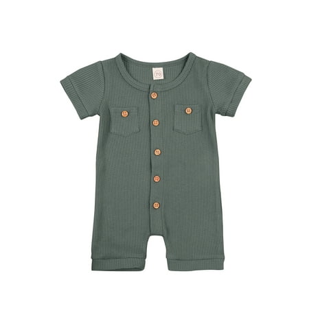Spring hue Baby s One-Piece Romper Short Sleeve Round Neck Button Playsuit