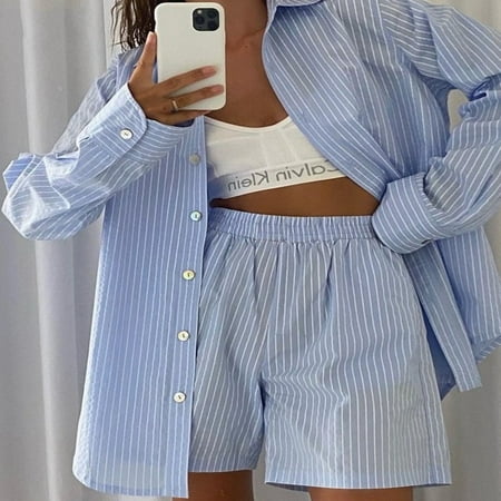 Loung Wear Women s Home Clothes Stripe Long Sleeve Shirt Tops and Loose High Waisted Mini Shorts Two Piece Set Pajamas
Loung Wear Women s Home Clothes Stripe Long Sleeve Shirt Tops and Loose High Waisted Mini Shorts Two Piece Set Pajamas