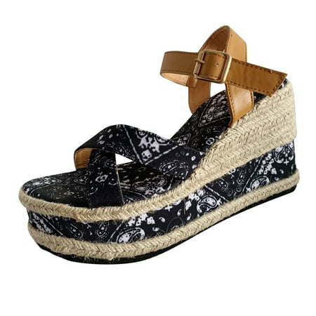 Cglfd Women Thick-Bottom Sloped Sandals Print High-Heeled Wedges Platform Shoes