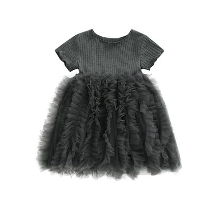 Suanret Little Kids Girls Solid Color Dress Short Sleeve Ribbed Stitching Fluffy Hem Summer Casual A-Line Dress Dark Gray 1-2 Years
Suanret Little Kids Girls Solid Color Dress Short Sleeve Ribbed Stitching Fluffy Hem Summer Casual A-Line Dress Dark Gray 1-2 Years