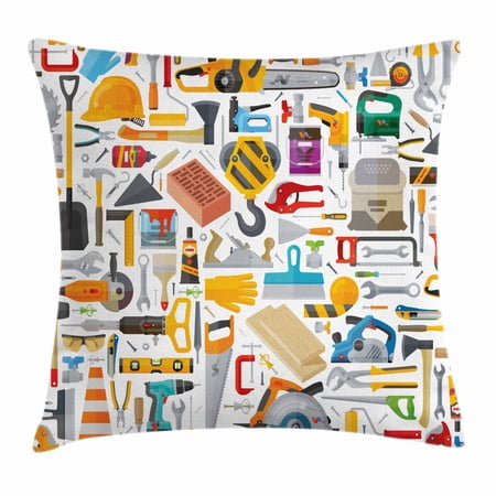 Construction Throw Pillow Cushion Cover, Construction Tools in Cartoon Style Engineering Fixing Repairing Building, Decorative Square Accent Pillow Case, 24 X 24 Inches, Multicolor, by Ambesonne