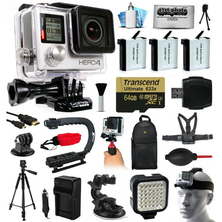 GoPro HERO4 Silver Edition 4K Action Camera + 64GB MicroSD, 3x Batteries, Charger, Card Reader, Backpack, Chest Harness, Action Handle, Tripod, Car Mount, LED Light, Helmet Strap, Dust Cleaning Kit