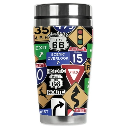 Mugzie brand 16-Ounce Stainless Steel Travel Mug with Insulated Wetsuit Cover - Highway Signs