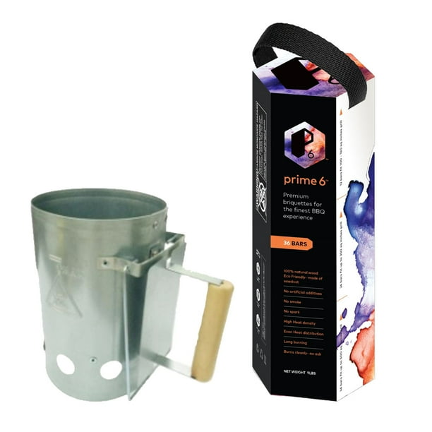 Original 9lb Starter Pack, includes 9lb Hexagonal Pack & Professional Chimney Starter - Prime 6 Premium Charcoal Briquettes