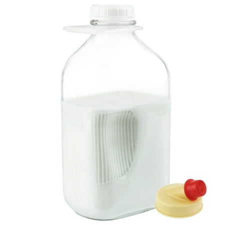 

Kitchentoolz 64 Oz Glass Milk Bottle with Lids Half Gallon Milk Dispenser Container for Refrigerator Glass Carafe Pitcher with Lid and Pour Spout - Pack of 1