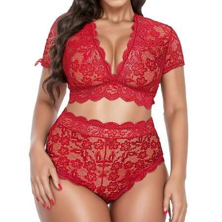 

Fabiurt Women s Lingeries Plus Size Lingerie V Neck High Waist Floral Lace Bra And Panty 2 Piece Set No Underwire Red