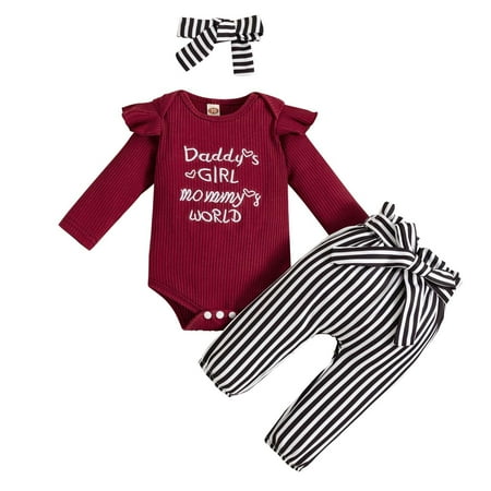 QWERTYU Newborn Infant Baby Toddler Clothing Set Long Sleeve Letter Print Ruffle Bodysuit and Striped Pants Set Outfits with Headband for Girl 0-18M
QWERTYU Newborn Infant Baby Toddler Clothing Set Long Sleeve Letter Print Ruffle Bodysuit and Striped Pants Set Outfits with Headband for Girl 0-18M
