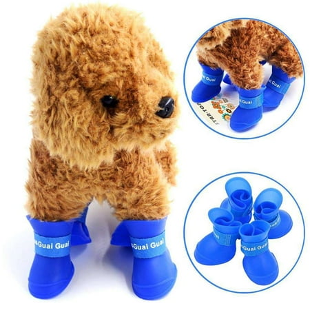 4PCS/Set Dog Puppy Shoes PU Waterproof Pet Rain Boots Anti-Slip Skidproof Elastic Protective Pet Shoes