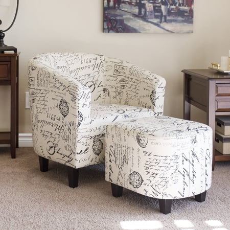 Best Choice Products Modern Contemporary Upholstered Barrel Accent Chair w/ Ottoman, Wood Legs - White, French Print