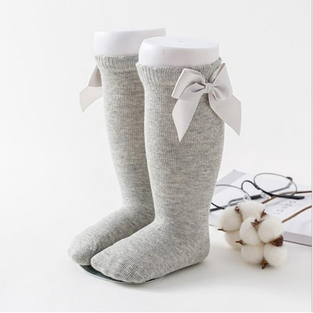 Colofity Baby Girls Cotton Long Socks Solid Color Big Bow Knee High Stocking