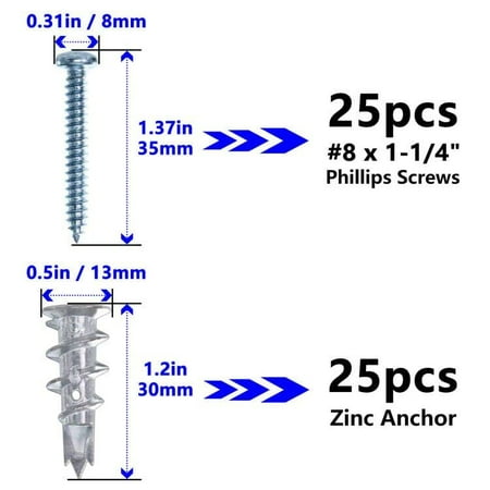 (Gazdag)Zinc Self-Drilling Drywall Anchors with Screws Kit 25 Heavy Duty Metal Wall Anchors and 25#8 x 1-1/4 Screws - 50 Pieces All Together
(Gazdag)Zinc Self-Drilling Drywall Anchors with Screws Kit 25 Heavy Duty Metal Wall Anchors and 25#8 x 1-1/4 Screws - 50 Pieces All Together
