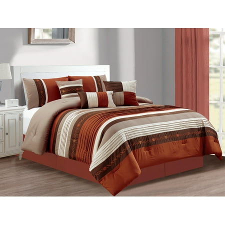 11-Pc Kenneth Pleated Stripe Frequency Wave Helix Embroidery Comforter Curtain Set Rust Orange Beige Tan Brown King
