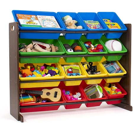 BOZO Supersized Wood Toy Storage Organizer Toddler Espresso/Primary