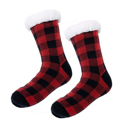 Yinguo Ladies Warm Plaid Print Floor Socks Plush Coral Socks