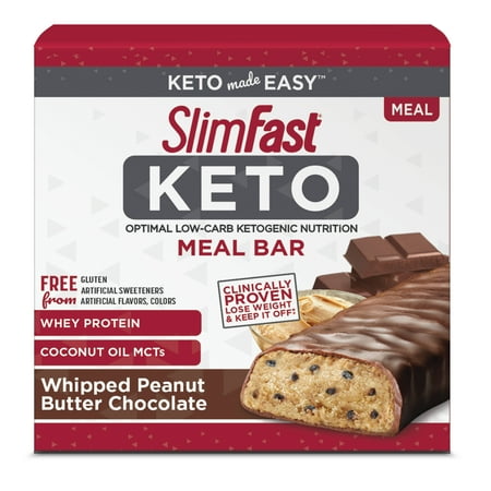 SlimFast Keto Meal Replacement Bar, Whipped Peanut Butter Chocolate, 1.48 Oz, 5 Count