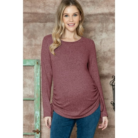 Women s Maternity Side Shirring Long Sleeve Top with Round Neck