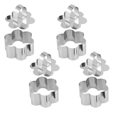 4pcs Stainless Steel Mousse Cutter Cake Mold with Pushing Plate Chocolate Mold Home Kitchen Baking Tool (Flower Shape)