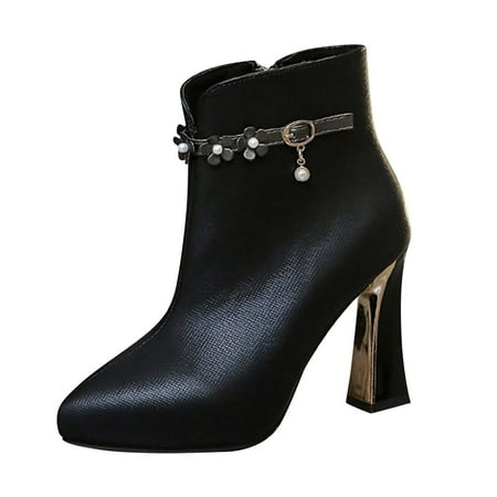 KBKYBUYZ Womens Comfy Solid Boots Zipper Women Pointed Toe High Heel Boots Shoes