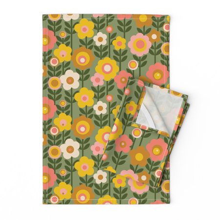 60S 70S Retro Flowers Floral Linen Cotton Tea Towels by Roostery Set of 2