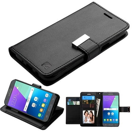 insten PU Leather Wallet Flip Case For Galaxy Amp Prime 2/Express Prime 2/J3 (2017) - Black (Bundle with USB Cable)