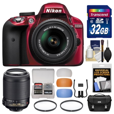 Nikon D3300 Digital SLR Camera & 18-55mm G VR (Red) & 55-200mm VR DX II AF-S Zoom Lens with 32GB Card + Case + Filters + Kit Nikon D3300 Digital SLR Camera & 18-55mm G VR (Red) & 55-200mm VR DX II AF-S Zoom Lens with 32GB Card + Case + Filters + Kit