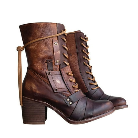 Women s Fashion Heel Ankle Boots Round Toe Lace Up High Heel Ankle Boots Combat Boots For Women 37 Brown