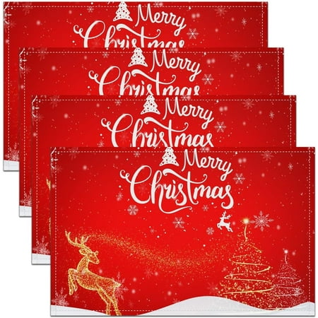 

RooRuns Merry Christmas 12x18 Inch Placemats for Dining Table Red Glitter Happy New Year Waterproof Table Place Mat for Party Decoration Cartoon Truck Xmas Tree Washable Table Mats Set of 4
