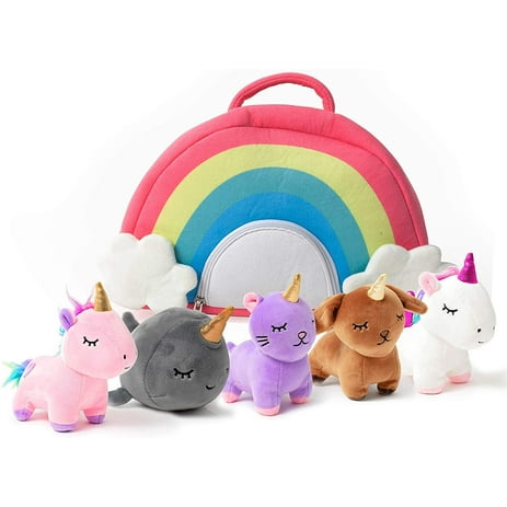 PixieCrush Unicorn Toys Stuffed Animal Gift Plush Set with Rainbow Case – 5 Piece Stuffed Animals with 2 Unicorns, Kitty, Puppy, and Narwhal – Toddler Gifts for Girls Aged 3, 4, 5 ,6 ,7, 8 yr olds