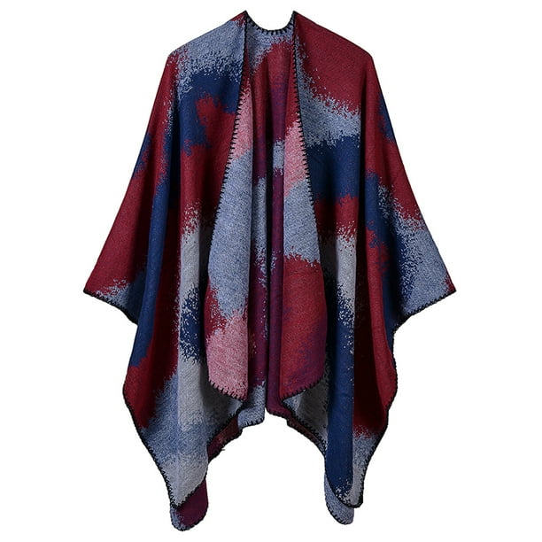 Fashion Women Poncho Cardigan Sweater Contrast Color Block Faux Cashmere Capes Shawl Scarf Loose Outerwear