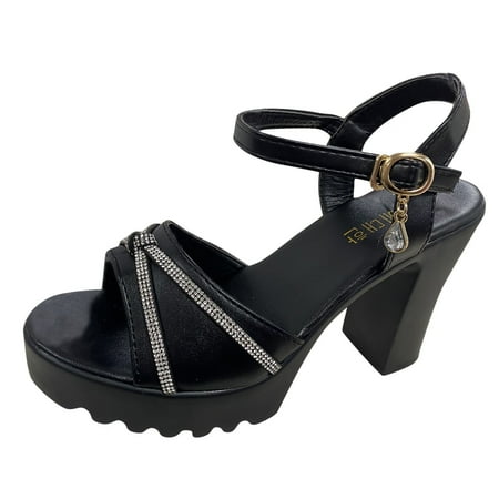 Womens Sandals Ladies Fashion Rhinestones Leather Cross Strap Fish Mouth Thick Sole High Heel Buckle Sandals Women S Sandals Pu Black 38