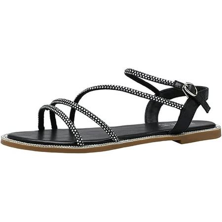 CoCopeaunts Women\‘s Open Toe Strappy Flat Sandals Summer Rhinestone Walking Sandals Comfy Elastic Ankle Strap Sandals Shoes