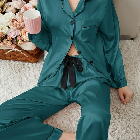Elegant Comfortable Satin Sleepwear Lightweight Button Up Blouse Pajama Top & Elastic Waistband Pajama Pants Women‘s Loungewear & Sleepwear
Elegant Comfortable Satin Sleepwear Lightweight Button Up Blouse Pajama Top & Elastic Waistband Pajama Pants Women‘s Loungewear & Sleepwear