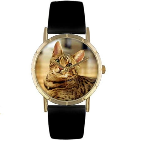 Whimsical Watches Unisex Bengal Cat Photo Watch with Black Leather