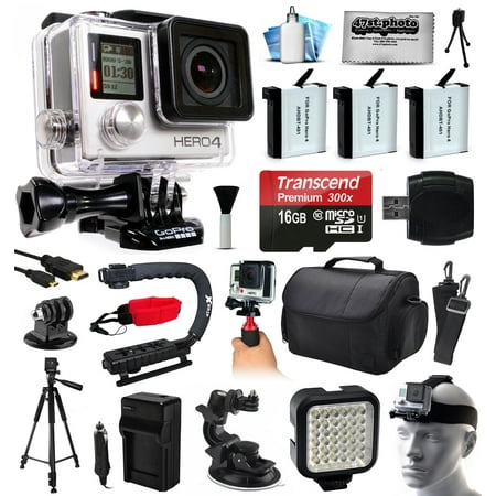 GoPro HERO4 Silver Edition 4K Action Camera with 16GB MicroSD, 3x Batteries, Charger, Card Reader, Large Case, Action Handle, Tripod, Car Mount, LED Light, Helmet Strap, Dust Cleaning Kit (CHDHY-401)