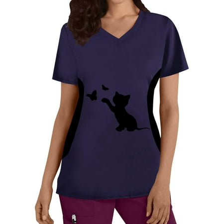 Tshirt Women Scrub Top Short Sleeve Plus Size Tops with Pockets