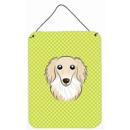 Checkerboard Lime Green Longhair Creme Dachshund Wall and Door Hanging Prints