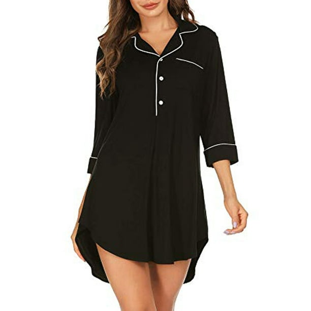 LELINTA Nightgown Women V Neck Nightshirt Boyfriend Sleep Shirt 3/4 Sleeve Button Sleepwear, Black/ Grey/Navy Blue S-XXL