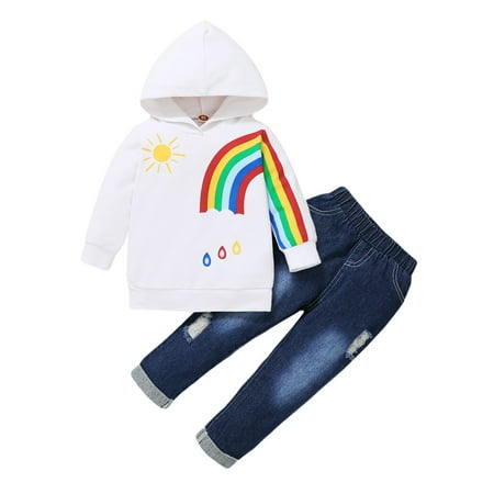 NZRVAWS Toddler Baby Girls Outfits Sun Print Long Sleeve Rainbow Print Hoodie Top +Ripped Jeans Pants 2Pcs Clothes Set 2-3T White
NZRVAWS Toddler Baby Girls Outfits Sun Print Long Sleeve Rainbow Print Hoodie Top +Ripped Jeans Pants 2Pcs Clothes Set 2-3T White