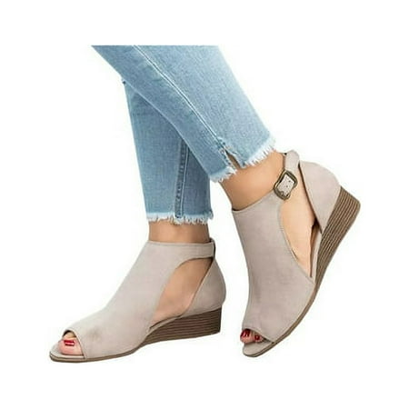 Womens Platform Sandal Buckle Peep Toe Casual Shoes Summer Beach Gray Size 7